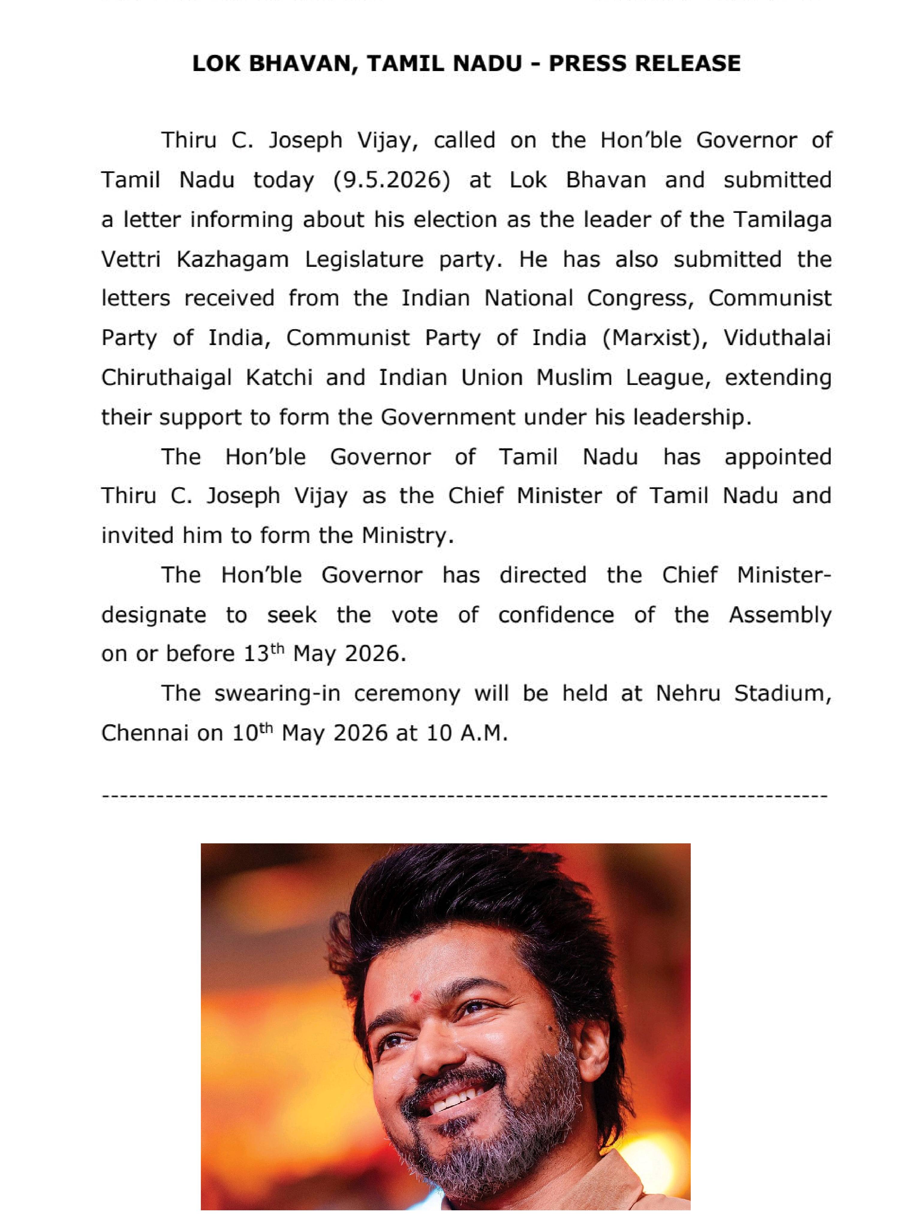 TVK leader josep vijai Swearing as a chief minister of Tamilnadu tomorrow